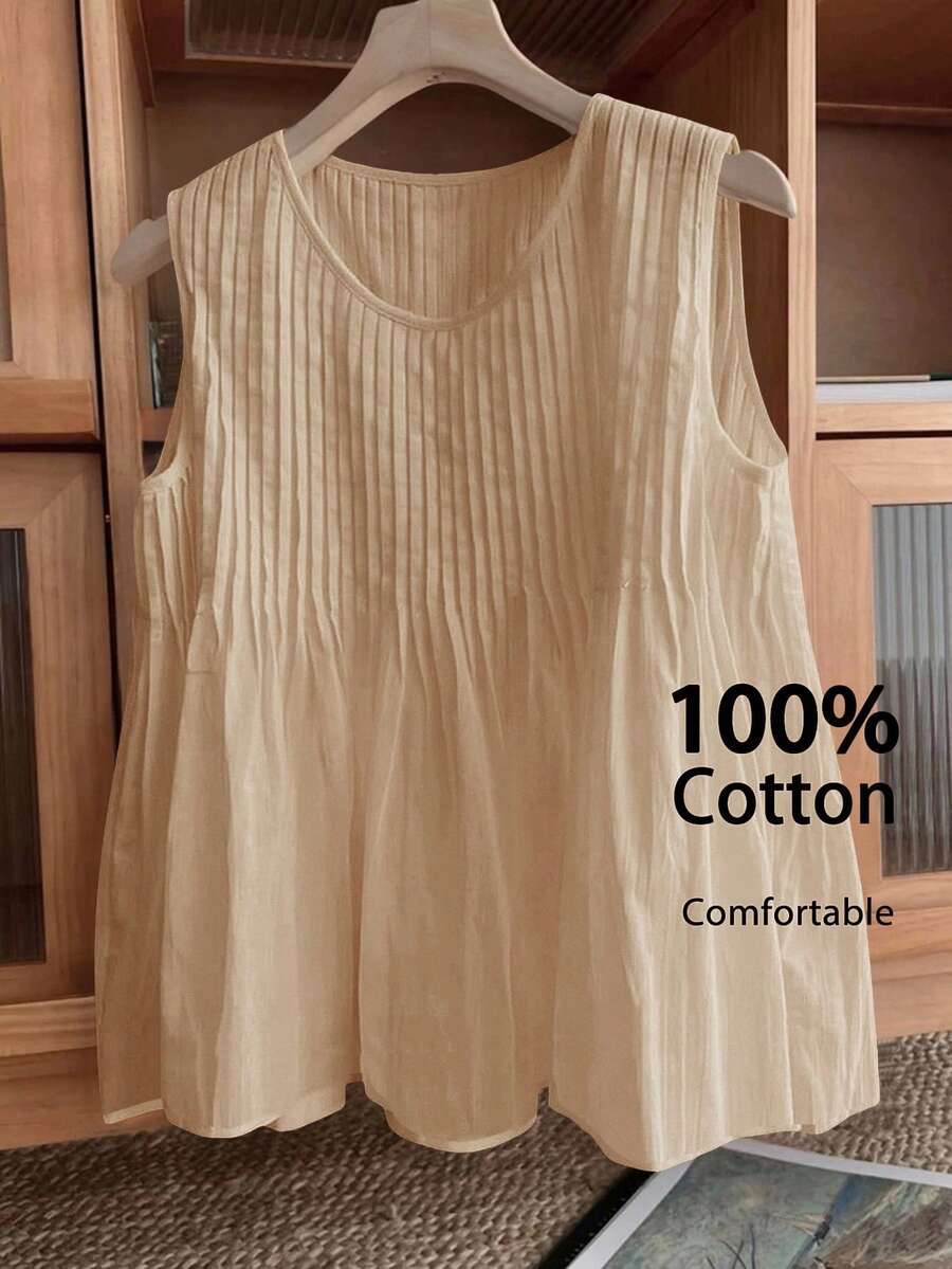 SHEIN LUNE 女士休闲褶皱无袖白色纯棉衬衫 纯棉上衣 夏季上衣 100%纯棉上衣 无袖纯棉上衣 女士纯棉衬衫 女士纯棉衬衫，休闲 - 卡其色 - 查看 1