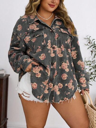 EMERY ROSE Chaqueta vaquera azul claro de talla grande para mujer, estampada, informal y para vacaciones, sin estiramiento