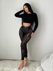 SHEIN SXY 黑色蕾丝拼接天鹅绒性感修身女士打底裤，冬季，性感，黑色裤子，秋季，夜店，Y2K，黑色下装，紧身裤，女士裤子，透视裤，蕾丝打底裤 - 黑色 - 查看 7