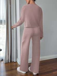 EURMUSE Conjunto casual de 2 piezas de mujer con cárdigan de punto de manga larga de un solo botonadura y pantalones de punto, otoño/invierno - Rosa vieja - Ver 2