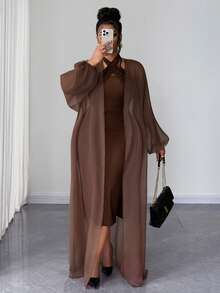 Maweii Bộ 2 món cỡ lớn: Đầm yếm trơn màu & Áo khoác cardigan dài tay - màu nâu - Xem 2