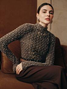 Elegant Flocked Lace Turtleneck Undershirt For Women, High-Quality Autumn/Winter Layering Top - Coffee Brown - View 7