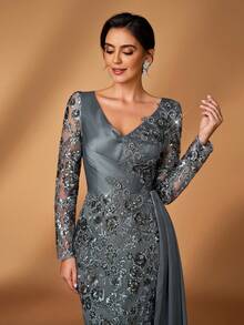 Serin 优雅奢华的刺绣亮片蕾丝贴花缎面薄纱袖美人鱼礼服，饰以飘逸亮片，适合婚礼、活动、单身派对、度假、盛大晚宴、新娘母亲晚礼服、情人节等场合。 - 深灰色 - 查看 6