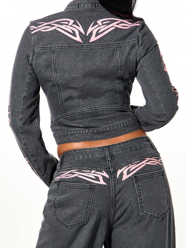 SUMWON WOMEN Flame Tattoo Print Cropped Denim Jacket