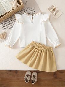 SHEIN 2pcs Baby Girls Spring/Summer British Style Comfortable Ribbed Long Sleeve Top + Fashionable Corduroy Skirt Outfit Set - Multicolor - View 2