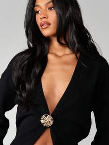 MISSGUIDED 深V领罗纹针织开衫，饰有金色纽扣，长袖，前开襟 - 黑色 - 查看 5