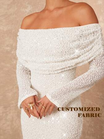 Lumalex Vestido ajustado de manga larga con hombros descubiertos y volantes en el bajo para mujeres