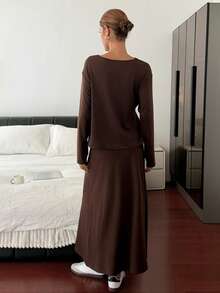 DAZY Women's Solid Color Loose Collar Long Sleeve Top And Midi Skirt Casual 2-Piece Set Lounge Sets For Women - Brown - View 2