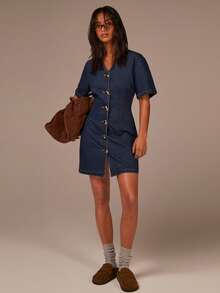 Athîral Women's V-Neck Single-Breasted Short-Sleeved Casual Denim Mini Dress, Featuring Metal Button Design, Retro Style, Slimming Waist,Autumn And Winter Outfits,New Year Dress - Blue - View 3