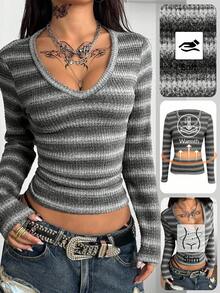 Coolane Women's Fall/Winter Minimalist Basic Daily Wear Essentials Festival Going Out Y2K Rib Knit Grey Bustier Tees - Grey - View 2