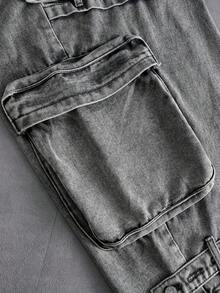 ROMWE MEN Street Life Quần jeans nam ống rộng dáng suông có túi hộp - Xám - Xem 7