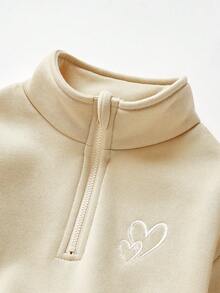 两件套女童刺绣字母拉链连帽衫和裤子套装，带保暖内衬，适合外出、居家和休闲穿着，秋冬季