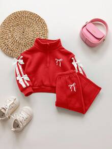 SHEIN Babygirl Cute Versatile Gray Bow Collar Sweatshirt Set, Autumn/Winter - Red - View 3