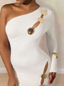 INAWLY 时尚性感金属装饰镂空紧身不对称下摆女式连衣裙 - 白色 - 查看 4