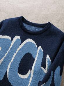 Manfinity EMRG 男士字母图案圆领长袖休闲毛衣，秋冬 - 藏蓝色 - 查看 3