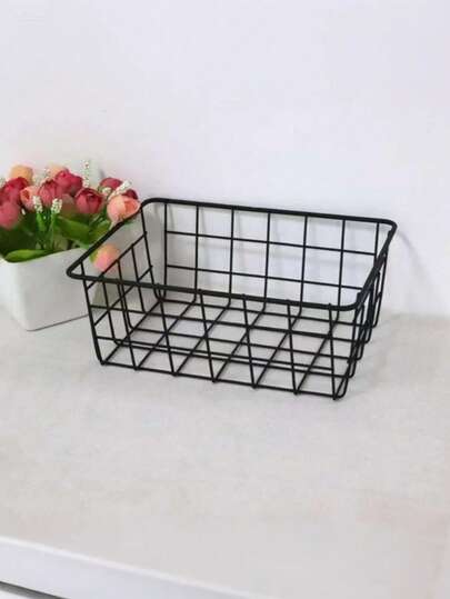 1pc Matte Black Trapezoid Minimalist Desktop Storage Basket, No Drill Metal Kitchen Bathroom Organizer Basket, Gold Small Trapezoid Basket, Rose Gold Rectangular Basket, Bathroom Accessories, Room Decor