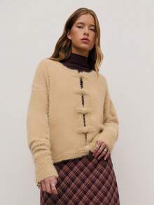 Nöista Beige Fuzzy Cardigan With Toggle Buttons,Relaxed Fit,Ultra-Cozy Fall Winter Layering,Black,Autumn,Elegant,Office,Casual Outing Warm Indoor Gatherings - Apricot - View 6