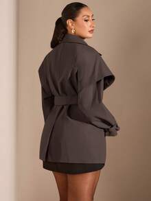 SHEIN BAE 大码女式休闲翻领系带风衣 - 咖啡棕 - 查看 2