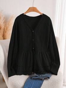 CosyJoli Áo len cardigan dệt kim đan chéo ren hở phía trước cỡ lớn thường ngày - màu đen - Xem 4