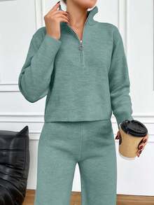 EURMUSE Zweiteiler für kleine Frauen bestehend aus Pullover mit Reißverschluss und Sweathose - Minzgrün - Übersicht 3