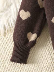 女童休闲爱心印花圆领长袖连衣裙，秋冬款 - 棕色 - 查看 5