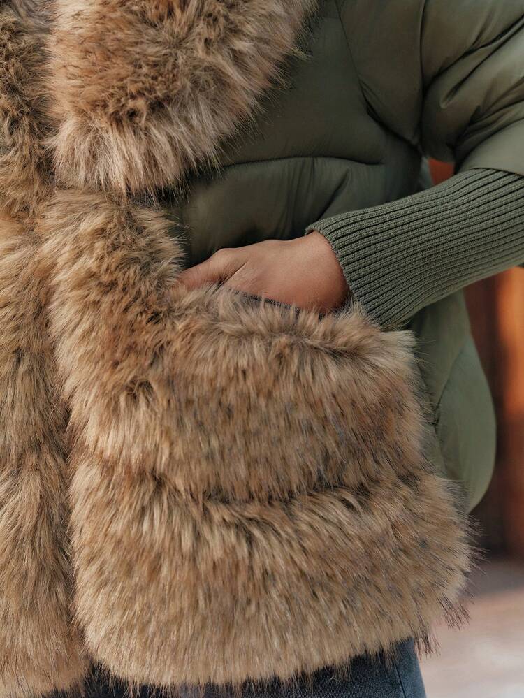 Chaqueta gruesa con mangas farol y cuello de piel sintética de lujo para mujer, versátil para otoño, invierno, salir, elegante, formal, fiesta, chic, Año Nuevo, Navidad, graduación, boda