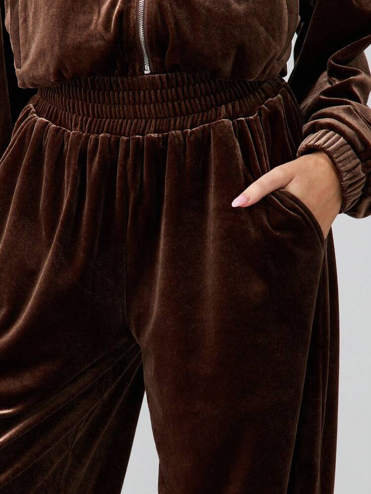 MISSGUIDED Wide Leg Velvet Joggers With Elastic Waistband Relaxed Fit Lounge Pants Comfortable High Rise Drawstring Trousers