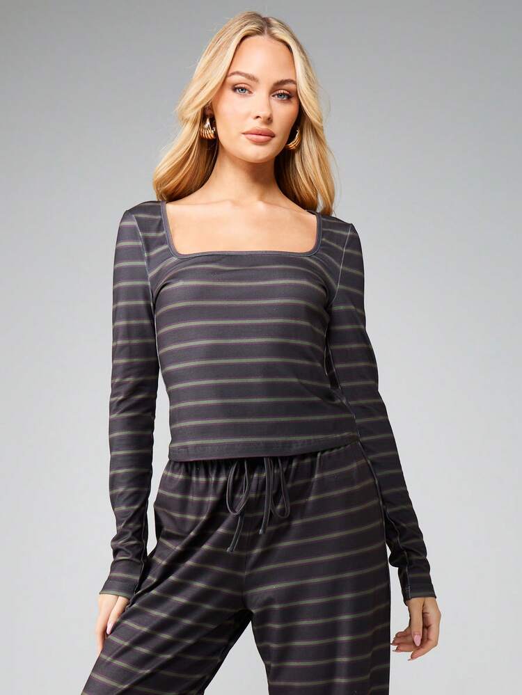 MISSGUIDED Square Neck Striped Long Sleeve Top Casual Fall Winter Layering Piece