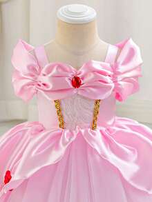 Glamorique Kids 女婴公主薄纱连衣裙，紫红色网纱派对礼服，生日派对，舞会礼服，红色宝石点缀，派对服饰，3D红色玫瑰装饰，优雅正式礼服，中东和欧洲风格 - 粉色 - 查看 4