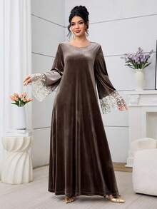 Al Najma 棕色刺绣网纱拼接长款开衫 - 棕色 - 查看 7