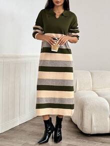 Modelyn Women's Casual Loose Fit Striped Drop Shoulder Long Sleeve Knitted Sweater Dress, Autumn/Winter,Fall,Fall Clothes For Women - Army Green - View 6