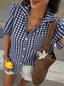 Breezaya Fashionable Holiday Style Patterned Short Sleeve Shirt For Women - Blue and White - View 4