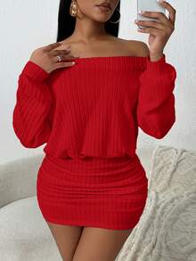 SHEIN SXY 1 buah Gaun Mini Ketat Berkerut Warna Polos Tanpa Bahu, Gaun Merah untuk Wanita, Gaun Natal Lengan Panjang Tanpa Bahu Kasual Nyaman Ketat - Merah - View 5