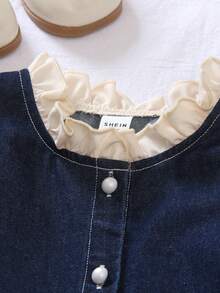 Genkimix Kids 2pcs/Set Young Girls Cute Denim Look Long Sleeve Top With Ruffle Decor & Loose Fit Denim Pants Set, 2 In 1 Design, Comfortable & Versatile For Daily Wear, Vacation, Outing, School, Party