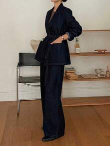 DAZY Women's Cinched Waist Waist Blazer Jacket And Straight Leg Casual Jeans Pants 2 Pieces Set - Dark Wash - View 7