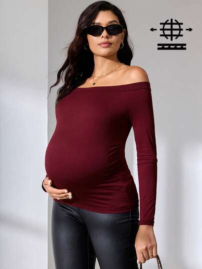 MaterniWear Elegant Maternity Solid Color Off-Shoulder Fitted Long Sleeve T-Shirt Maternity Tops Maternity Shirts For Women Pregnancy Clothing Pregnancy Shirts Nursing Top  Red Top  Stylish Clothing Collection  Elegant Women's Blouses
