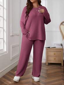 SHEIN Essnce Plus Size Solid Color Minimalist Daily Wear Round Neck Long Sleeve Top And Pants 2-Piece Set/Winter - Hot Pink - View 3