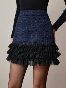 MOTF PREMIUM TWEED CONTRAST LAYERED RUFFLE HEM SKIRT - Blue - View 6