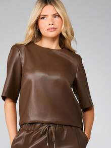 MISSGUIDED Bộ đồ phối hợp hai mảnh da giả Giáng sinh dành cho nữ gồm áo da thuần chay màu nâu và quần jogger - Màu xanh lá cây đậm - Xem 5