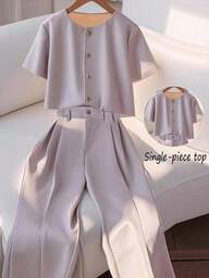 Franclia Fashionable And Elegant Round Neck Short Sleeve Buttoned Blouse For Women