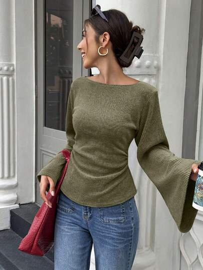 Elenzga Standard Size Women Loose Fit Floral Print Knit Top With Wide Neckline, Dropped Shoulders, Flared Sleeves, Waist Ruching, Autumn/Winter