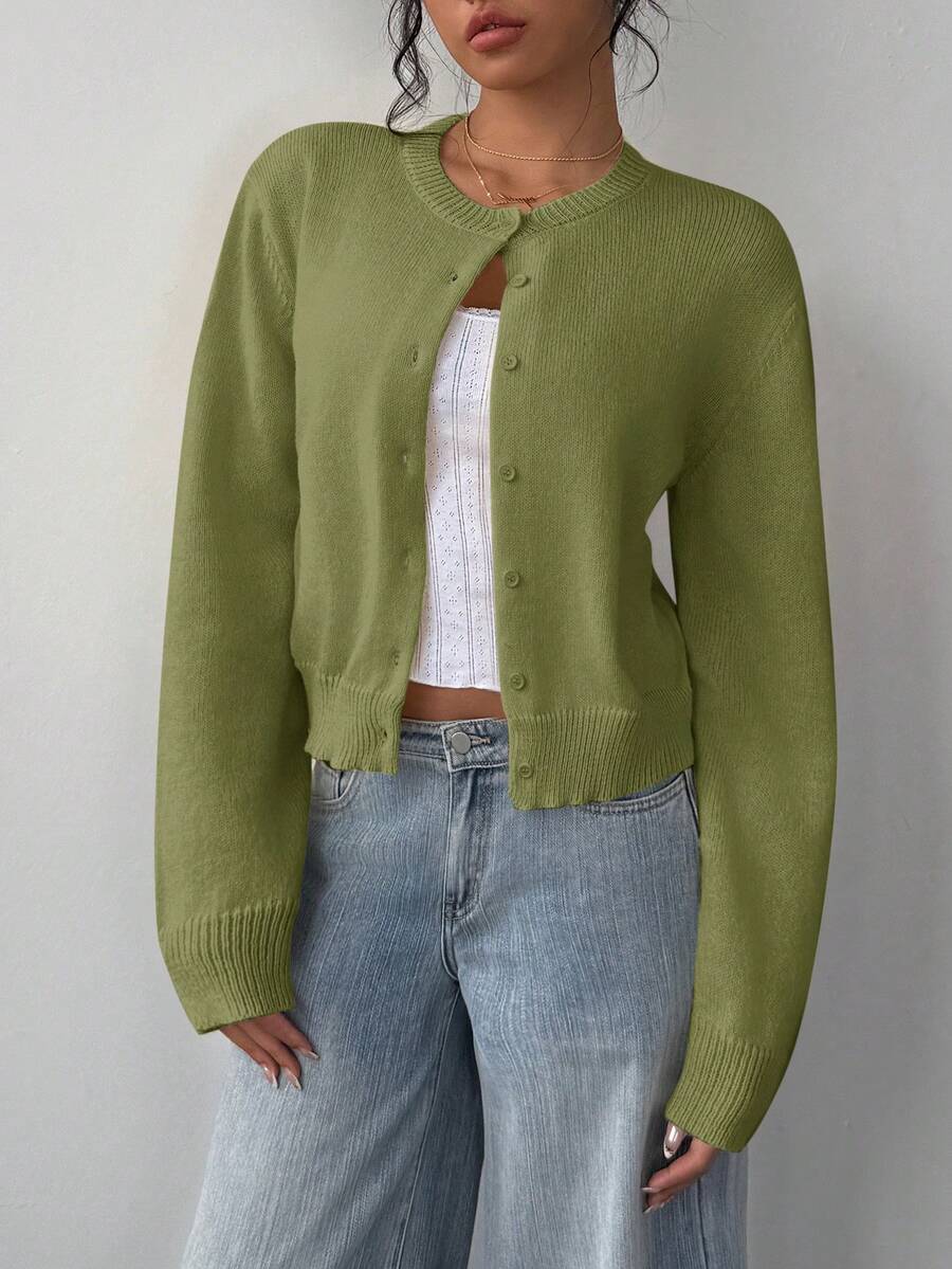 SHEIN BASICS 休闲纯色圆领长袖宽松短款女式开衫毛衣,保暖舒适,时尚百搭,适合日常通勤,奶油黄上衣,秋冬季必备 - 軍綠色 - 查看 1