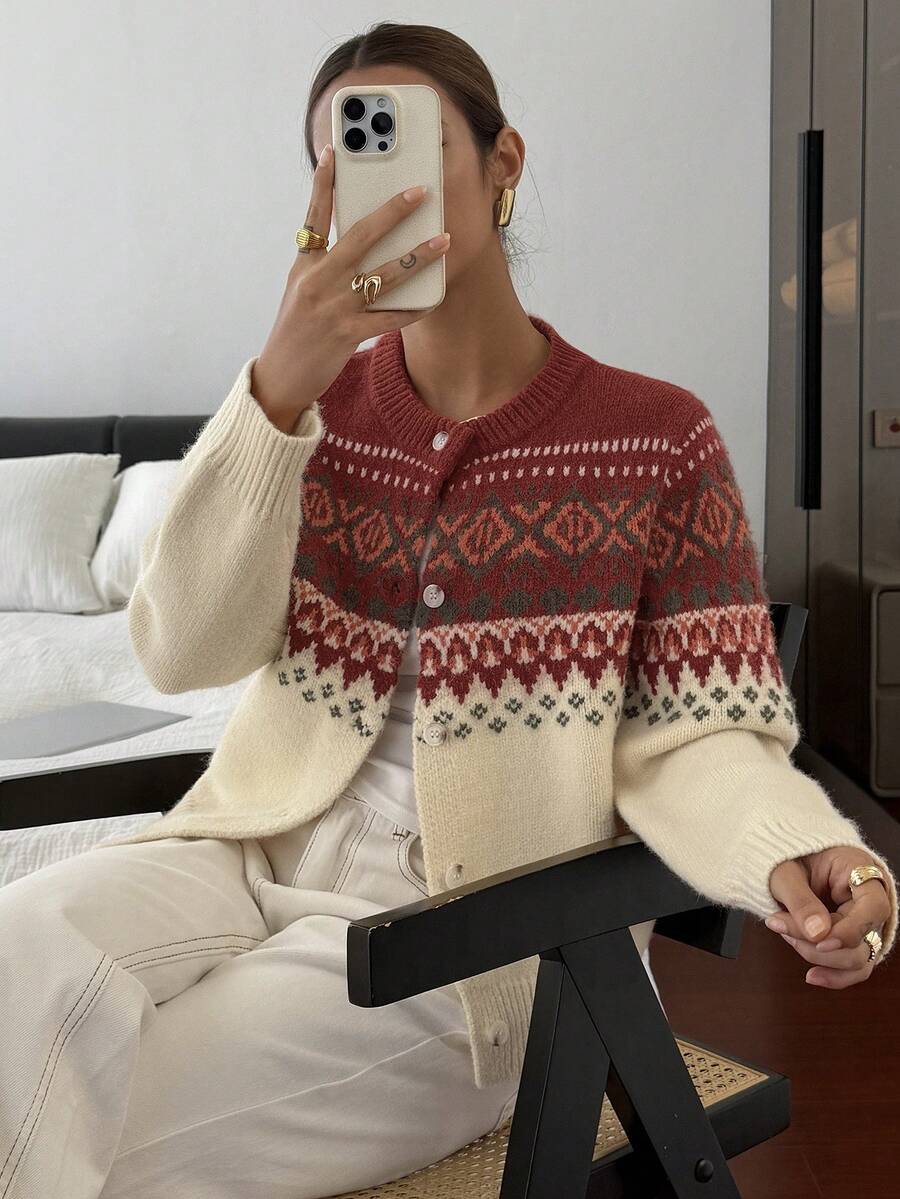 DAZY Áo khoác len đan chắp vá màu tương phản dành cho nữ vào dịp Giáng sinh - Màu Đỏ Sâu - Xem 1