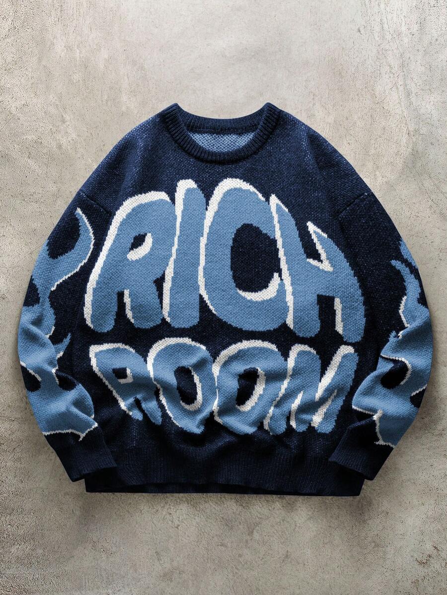 Manfinity EMRG 男士字母图案圆领长袖休闲毛衣，秋冬 - 藏蓝色 - 查看 1