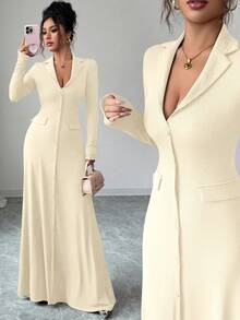 SHEIN Elenzya 女士标准尺码纯色罗纹修身优雅针织连衣裙，秋冬款 - 杏色 - 查看 8