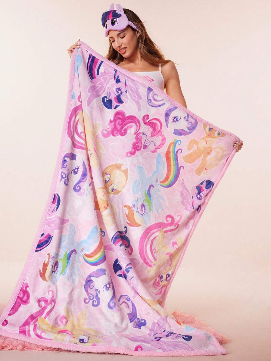 My Little Pony X SHEIN 1Pc Rainbow Cartoon Printed Flannel Thickened Blanket, A-Side Flannel B-Side Lamb Fleece, Double-Side Plush Material, Soft And Warm, Not Easy To Lose Hair, Various Sizes, Sofa, Bed, Lunch Break Twilight Sparkle/Rainbow Dash/Pinkie Pie/Applejack/Fluttershy/Rarity,Gift Ideas - Multicolor - View 1