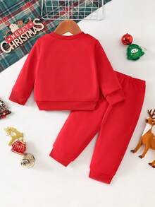 两件套男婴圣诞驯鹿印花针织卫衣上衣和裤子套装，适合秋冬季外出和休闲穿着 - 紅色 - 查看 2