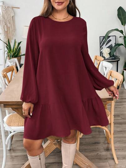 SHEIN Essnce Plus Size Women's Autumn And Winter Casual Loose Long-Sleeved Red Dress,Fall Women Outfits,Office Wear,Work Women Dresses,Homecoming ,Teacher Clothes,Curve Cute Dress,Simple Style,Christmas Clothes