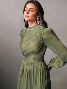 Anewsta Elegant Sparkling Ruched Dress With Long Sleeves, Suitable For Party, Date, Outing, Spring To Summer - Green - View 3