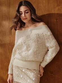 Anewsta 女士露肩白色网纱花卉拼接粗针织毛衣，柔软舒适，适合秋冬季穿着 - 杏色 - 查看 6